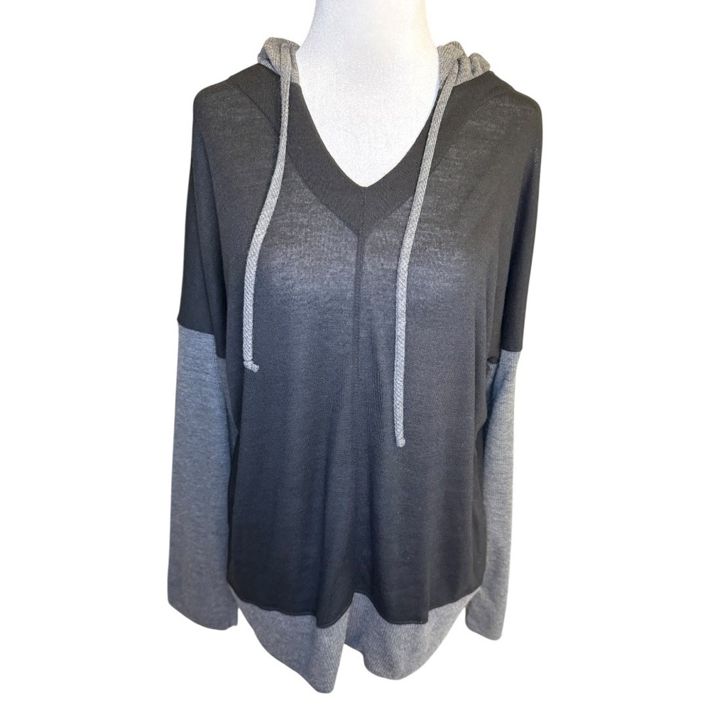 JET John Eshaya Womens‎ Colorblock V-Neck Hoodie Black Grey Sweater Small